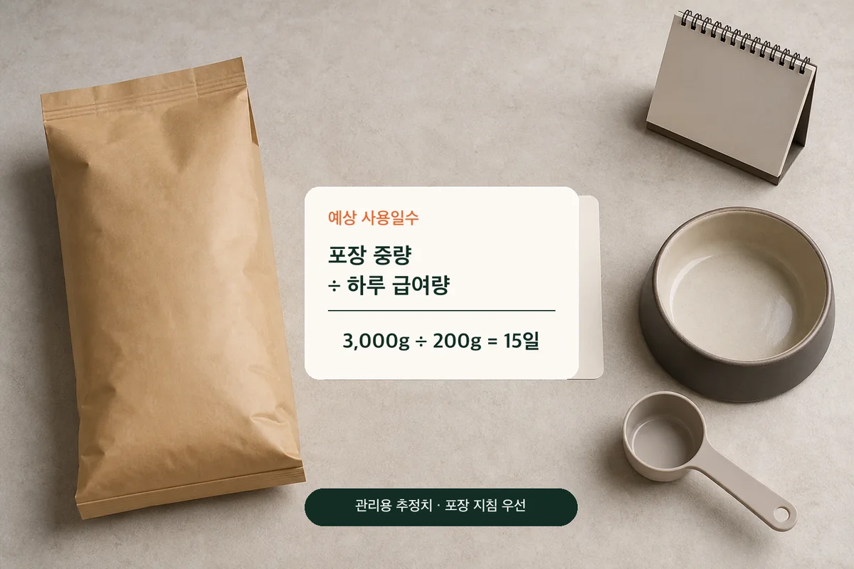 3,000g 사료를 하루 150g씩 급여할 때 예상 사용일수 20일을 구하는 계산 예시