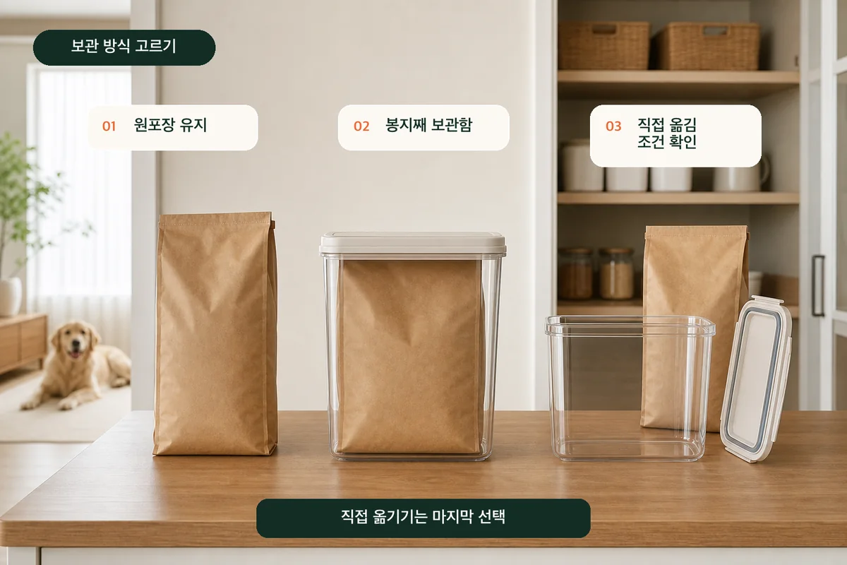 원포장 유지, 원포장째 보관함, 조건부 직접 옮기기의 세 가지 사료 보관 방식 비교