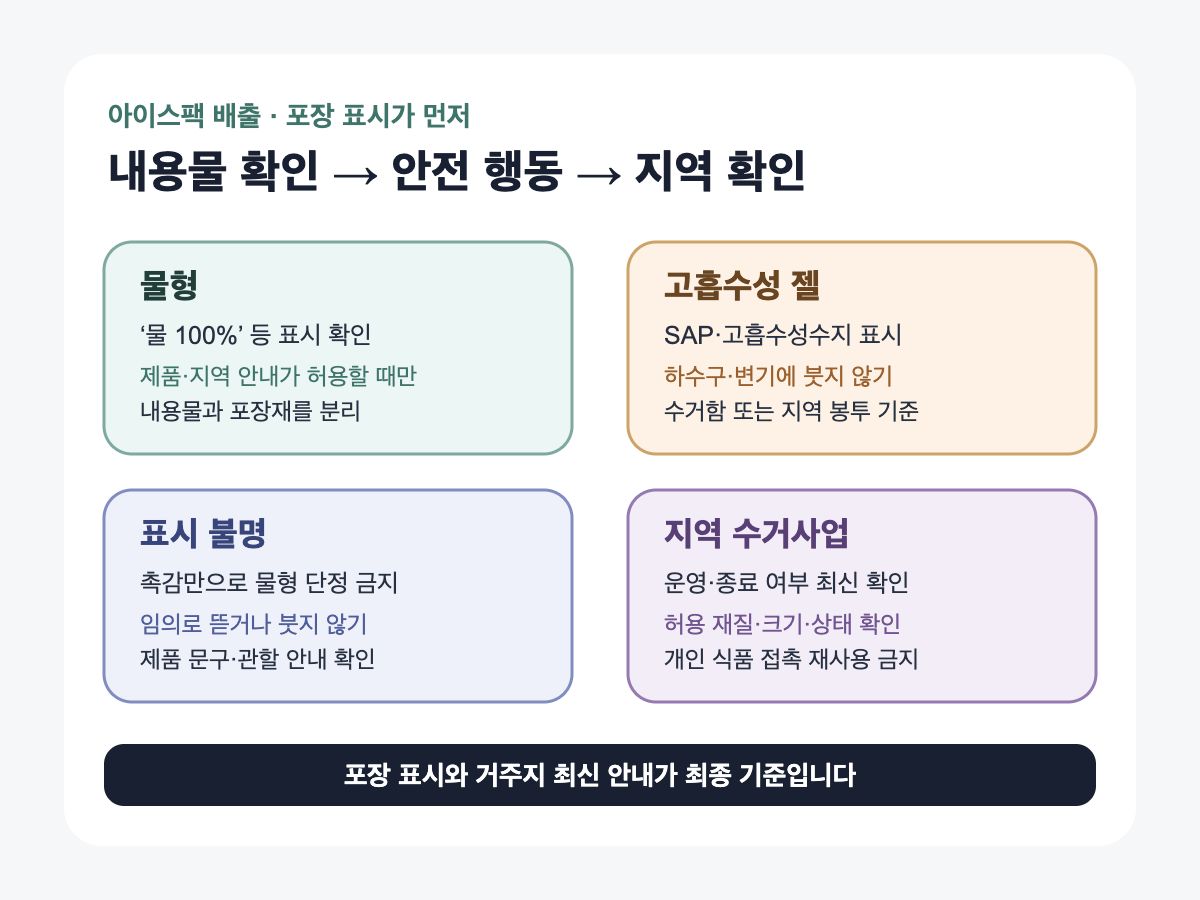 물형과 고흡수성 젤, 표시 불명 아이스팩을 구분하고 지역 수거사업을 확인하는 결정 도식