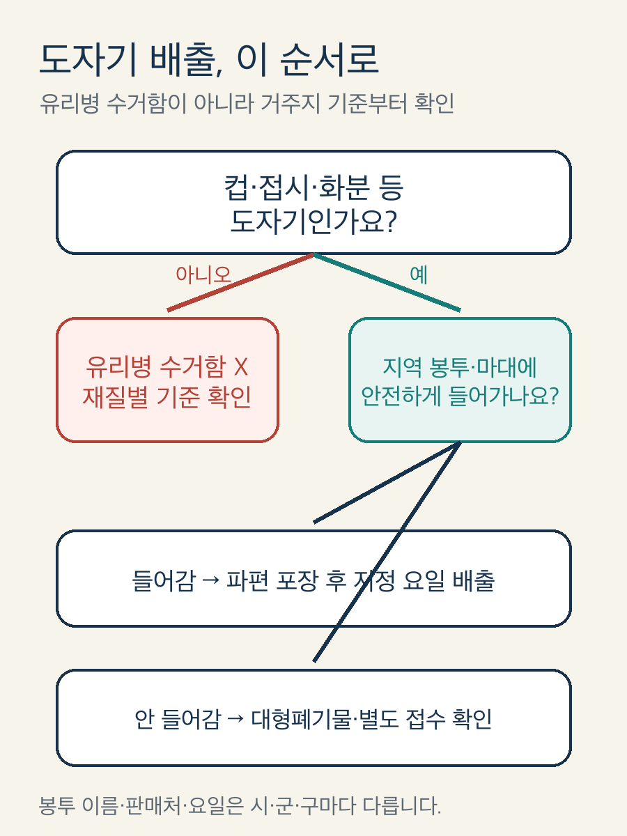 도자기 여부와 지역 봉투 수용 크기에 따라 배출 방법을 고르는 결정 도식