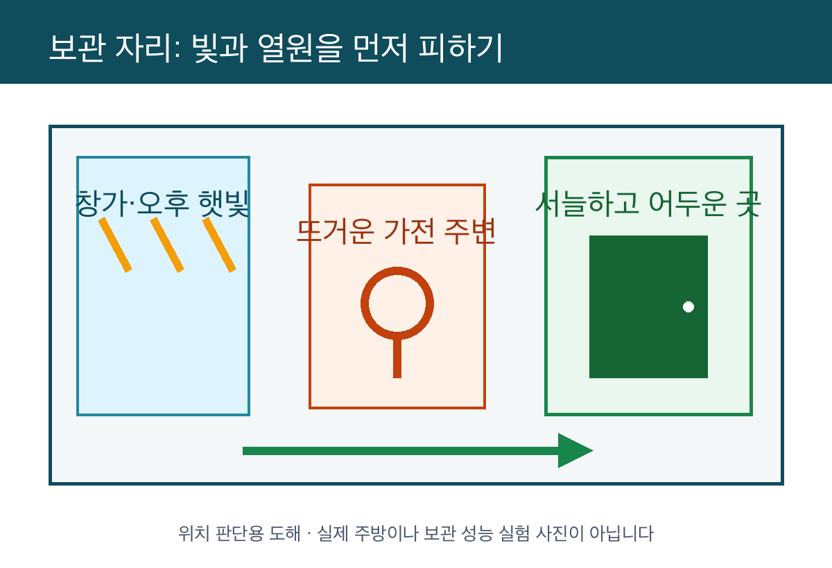 창가와 뜨거운 가전 주변을 피해 서늘하고 어두운 수납 위치로 옮기는 판단 도해