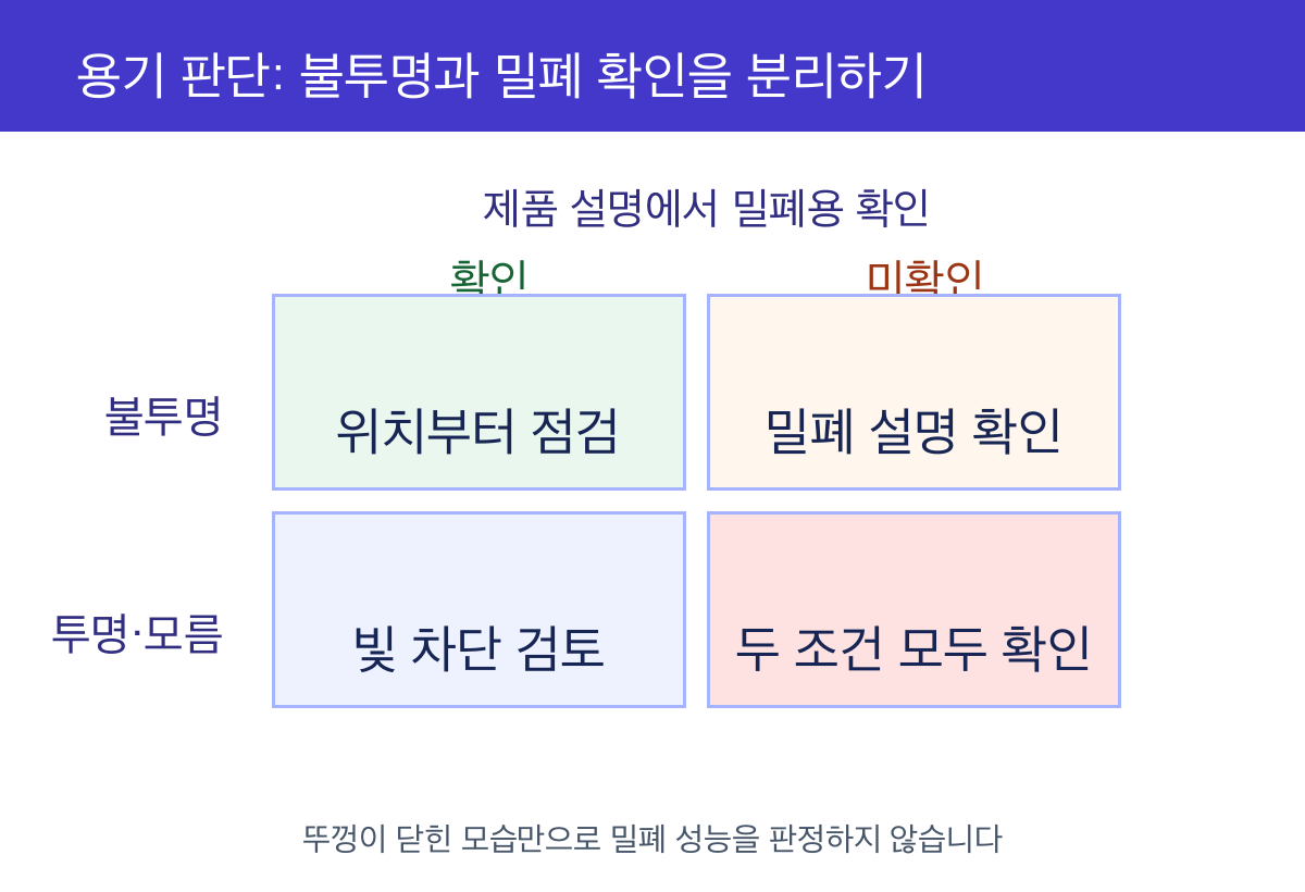 용기의 불투명 여부와 제품 설명의 밀폐 확인 여부를 두 축으로 나눈 네 칸 판정표