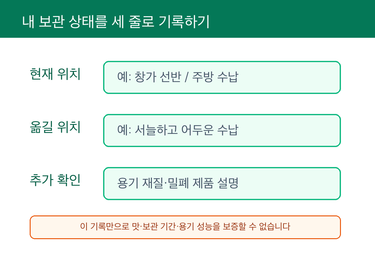 현재 위치, 옮길 위치, 추가 확인할 용기 정보를 적는 세 줄 기록표