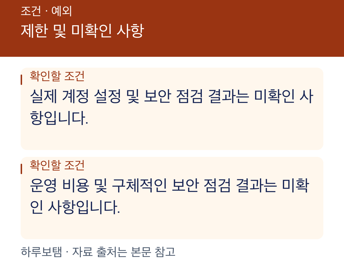 제한 및 미확인 사항: 실제 계정 설정 및 보안 점검 결과는 미확인 사항입니다. 운영 비용 및 구체적인 보안 점검 결과는 미확인 사항입니다.